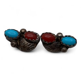 Pair Of Sterling Turquoise & Coral Earrings