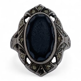 Sterling Marcasite & Black Stone Ring