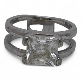 Sterling Silver And Large Clear Stone Ring