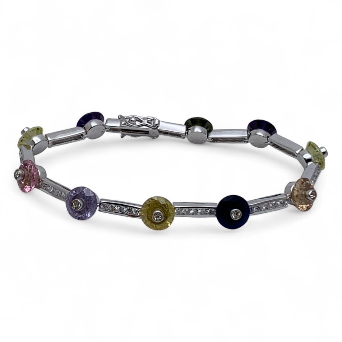 Sterling Silver Bracelet W Colored & Clear Stones: Marked 925 - 7 1/2" Long - 19.3 Grams