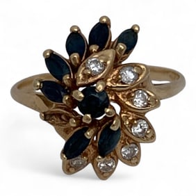 14k Yellow Gold Ring With Diamonds & Blue Sapphire