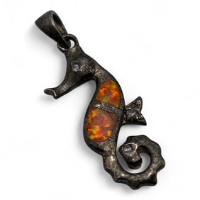 Silver, Opal & Clear Stone Seahorse Pendant