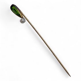 10k Gold Stick Pin With Green Stone And Pearl