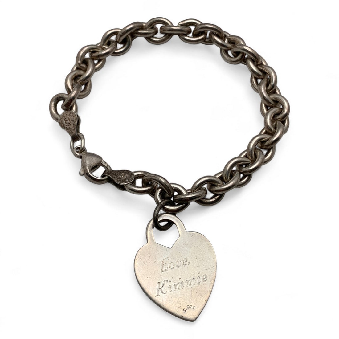 Sterling Silver Bracelet With Heart Charm: Marked 925. 29.8 G. Total Weight. 7.5" Long.