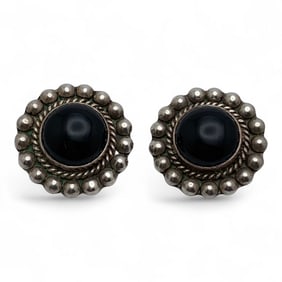 Pair Of Mexico Sterling & Black Stone Earrings