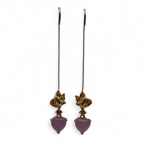 Pair Of 10k Gold Earrings With Purple Jade Hearts