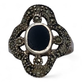 Sterling Marcasite & Black Stone Ring