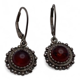 Pair Of Sterling Silver & Amber Earrings