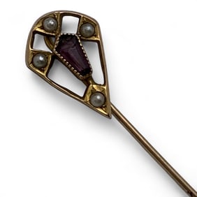 10k Gold Stick Pin With Pearls And Purple Stone