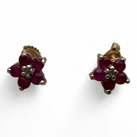 Pair Of 14k Gold, Diamond & Ruby Stud Earrings