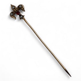 10k Gold Stick Pin, Pink Stone & Pearls