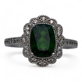 Sterling Silver Ring With Green & Clear Stones