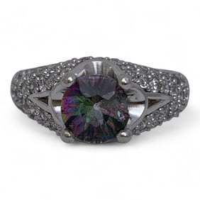 Sterling Ring With Rainbow & Clear Stones