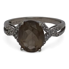 10k White Gold Diamond & Clear Brown Quartz Ring