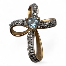 Sterling Gold Tone Cross Pendant W Blue Stone
