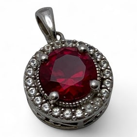 Sterling Pendant With Red & Clear Stones
