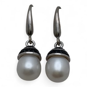 Pair Of Sterling, Pearl And Black Stone Earrings
