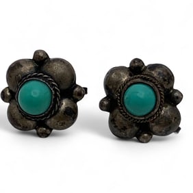 Pair Of Mexico Silver & Turquoise Earrings