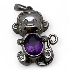 Sterling Silver Monkey Pendant W Purple Stone