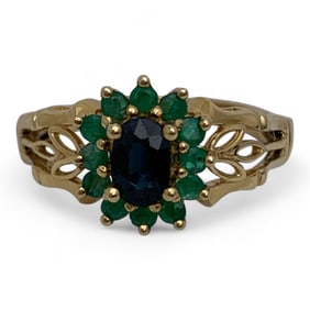 14k Yellow Gold Sapphire & Emerald Ring
