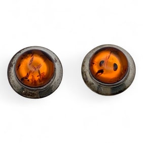 Pair Of Nakai Sterling Silver & Amber Earrings