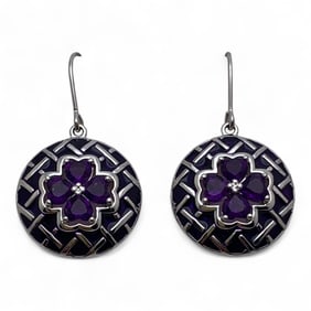 Pair Of Sterling Enameled & Amethyst Earrings
