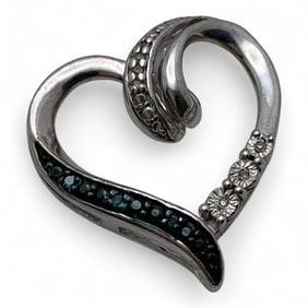 Sterling Heart Pendant W Blue & White Diamonds