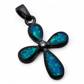 Sterling, Opal & Clear Stone Cross Pendant