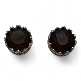 Pair Of Sterling Silver & Brown Stone Earrings