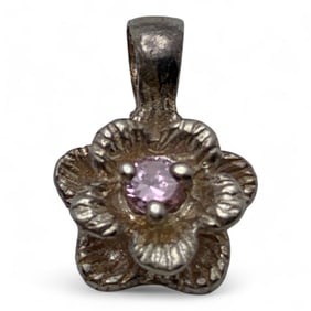 Sterling Silver Flower Pendant W Pink Stone