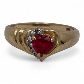 14k Yellow Gold Diamond & Ruby Heart Ring