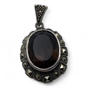 Sterling Marcasite & Clear Brown Stone Pendant