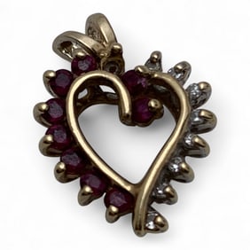 14k Yellow Gold Diamond & Ruby Heart Pendant
