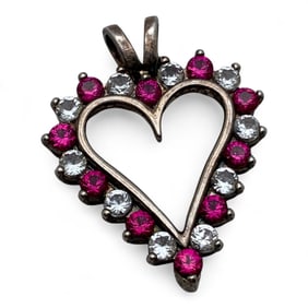 Sterling Silver, Ruby & Clear Stone Heart Pendant