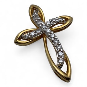 Sterling Gold Tone Cross Pendant W Clear Stones