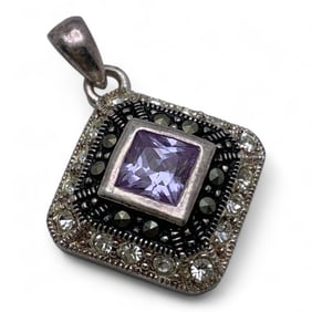 Sterling Silver Pendant W Purple & Clear Stones