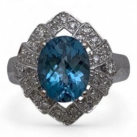 10k White Gold Diamond & Blue Topaz Ring