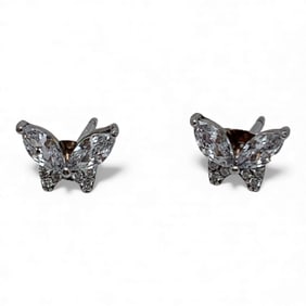 Pair Of Sterling & Clear Stone Butterfly Earrings