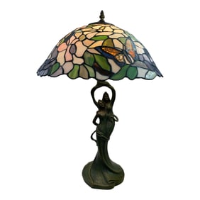 Art Nouveau Style Figural Leaded Glass Parlor Lamp
