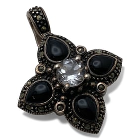 Sterling Silver Pendant W Clear & Black Stones