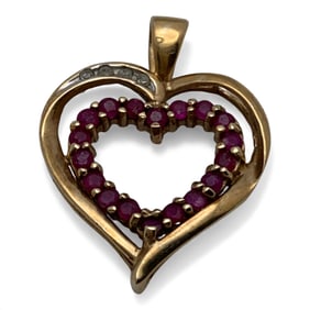 10k Yellow Gold Diamond & Ruby Heart Pendant