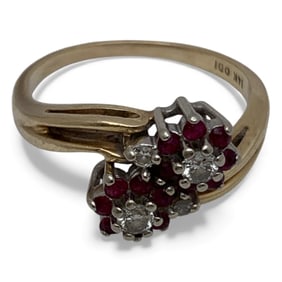 14k Yellow Gold Diamond & Red Stone Ring