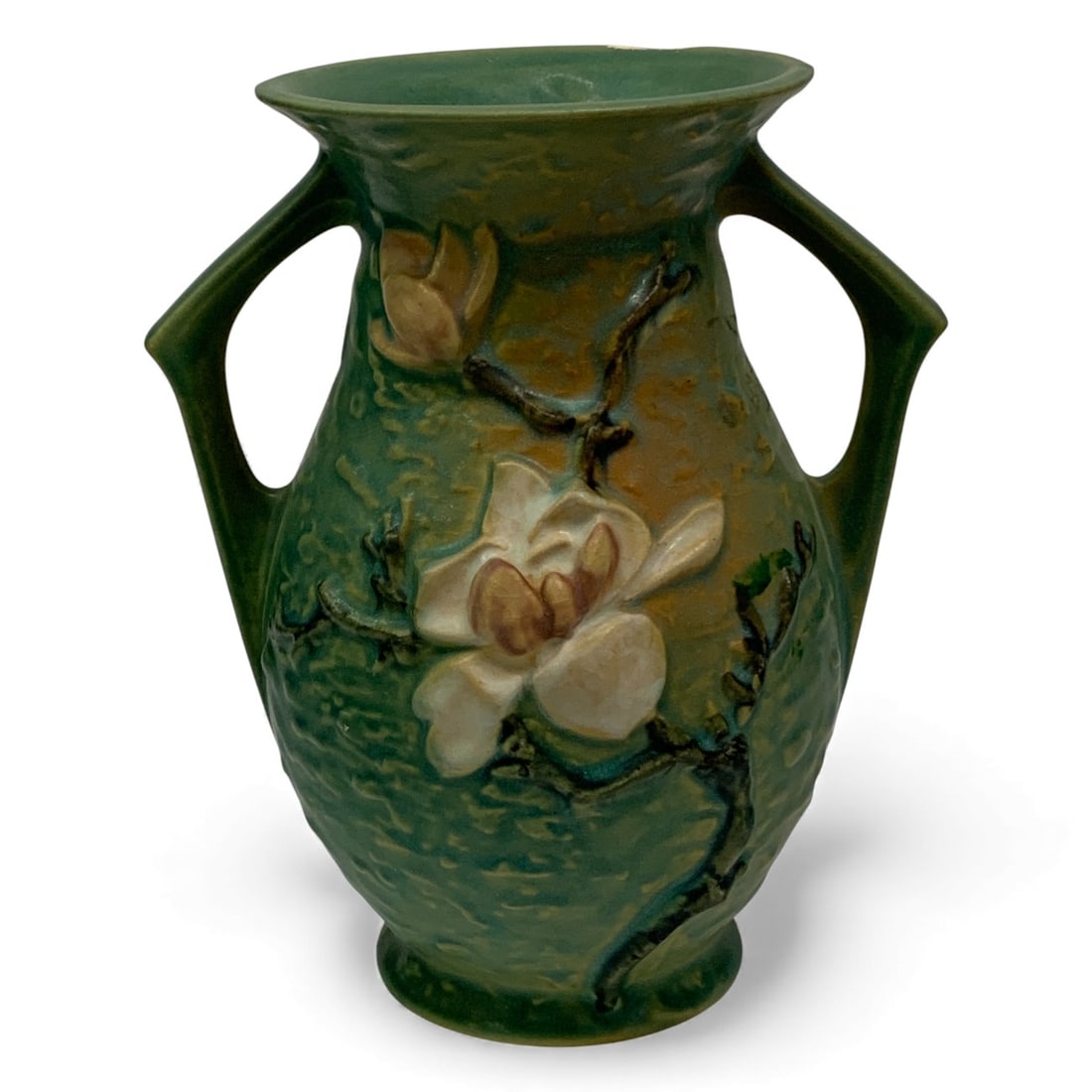 Roseville Art Pottery Magnolia Double Handled Vase: Marked On Bottom: Roseville U. S. A. 90-77.25" Tall. As - Found, Shows Damage And / Or Restoration, See Photos.