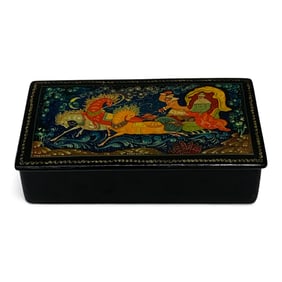 Signed Russian Hand Painted Black Lacquer Box
