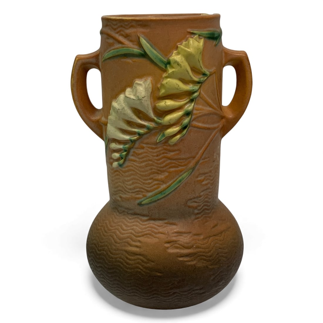 Roseville Art Pottery Brown Freesia Vase: Marked On Bottom: Roseville U. S. A. 126-10"10.75" Tall. As - Found, Shows Damage And / Or Restoration, See Photos.