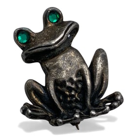 Silver Frog Pin With Green Stones
