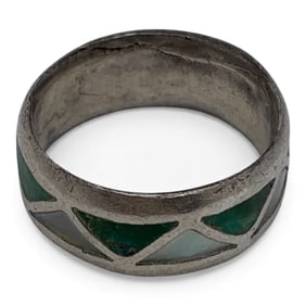 Silver Mother Of Pearl & Green Stone Ring