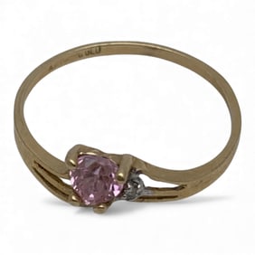 10k Yellow Gold Diamond & Pink Stone Ring