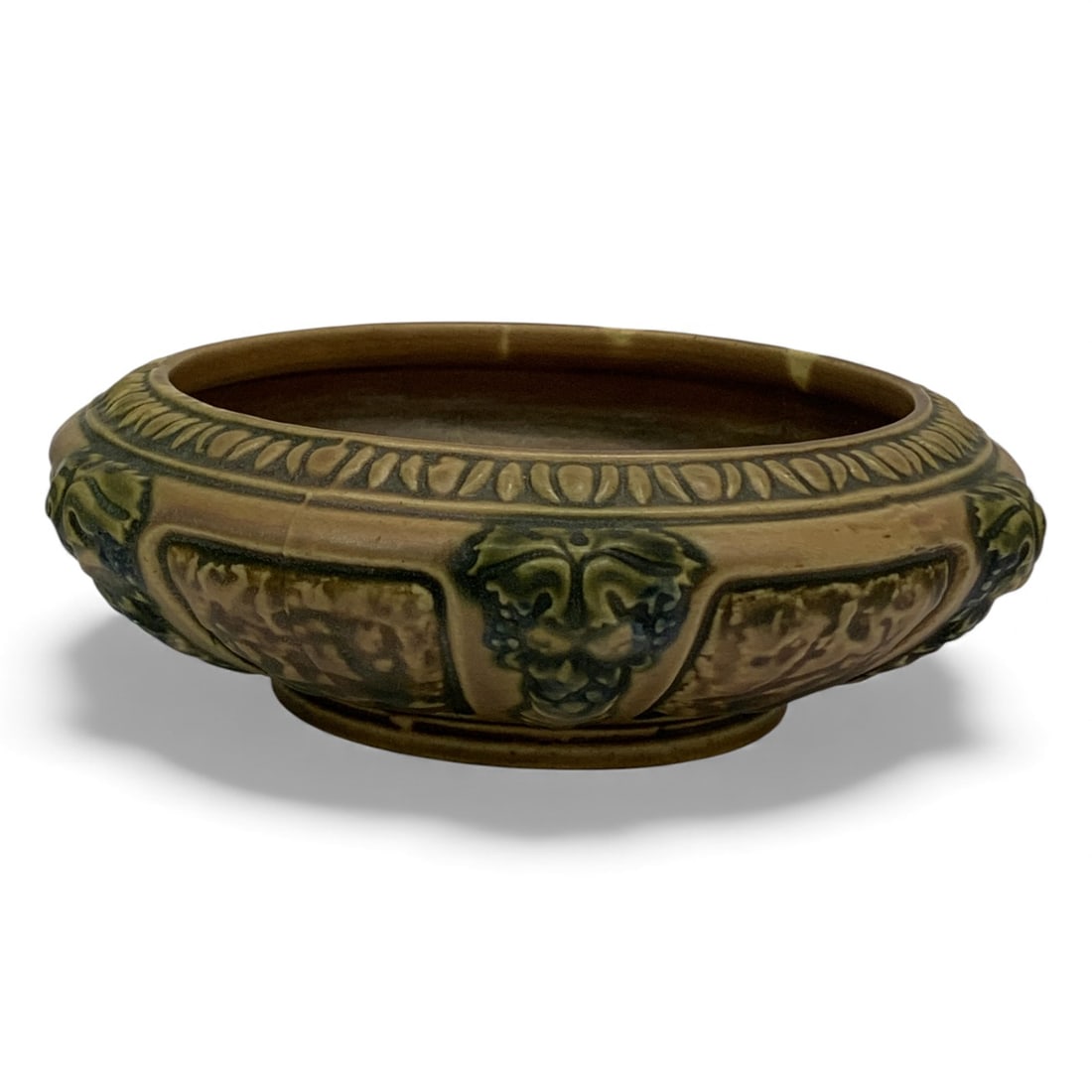 Vintage Roseville Pottery Florentine Console Bowl: Bears Roseville R Mark. 8.75" Diameter, 3" Tall. As - Found, Shows Damage And / Or Restoration, See Photos.