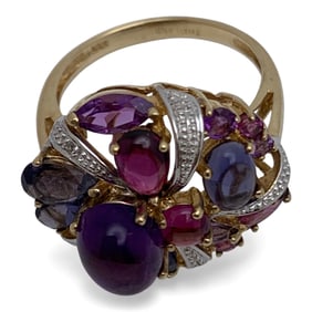 10k Yellow Gold Diamond Amethyst & Ruby Ring